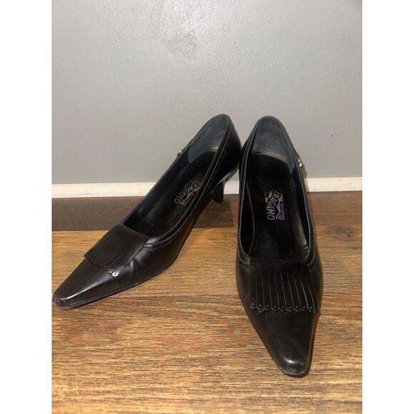 Salvatore Ferragamo Black Leather Pointed Toe Oxford Heels Pumps Sz10 - Picture 1 of 16